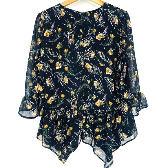 Lea & Viola Navy Blue Multicolor Floral Asymmetric Ruffle Sleeve Blouse Top L - Picture 2 of 9